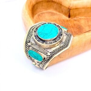 Vintage Kuchi Turquoise Cuff Tribal Hand Carved Silver Plated Brass Bracelet